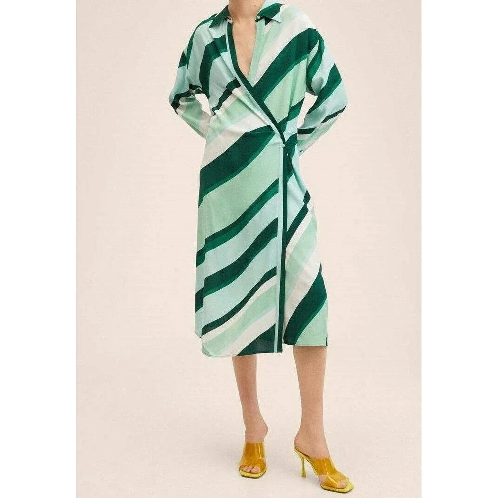 MNG Mango Womens Green Striped Wrap Midi Shirt Dress Long Sleeve Size 6